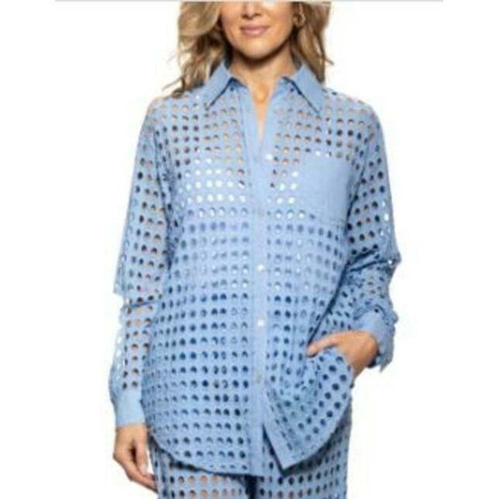 Dotti Blue Openwork Dot Cover-Up Beach Shirt Mini Dress S